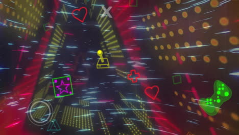Animation-of-colourful-video-gamepad-controllers-and-icons-over-yellow-and-red-light-tunnel