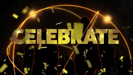 Animation-of-celebrate-text,-globe-and-confetti-falling-on-black-background