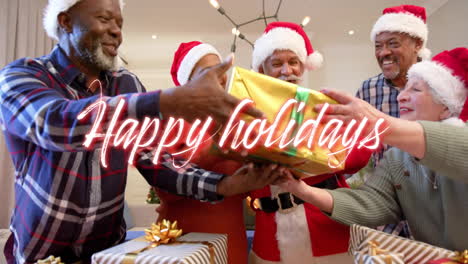 Animation-of-happy-holidays-text-over-diverse-senior-friends-with-santa-and-presents-at-christmas