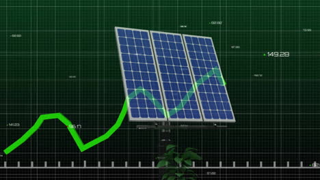 Animation-of-solar-panels-over-green-graph-and-data-processing-on-black-background