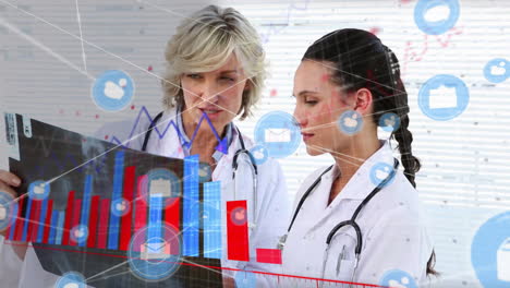 Animation-of-connected-icons,-computer-language,-diverse-female-doctors-examining-x-ray-reports