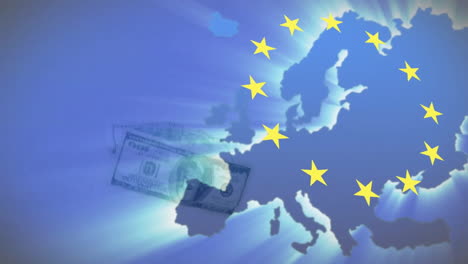 Animación-De-La-Bandera-De-La-Unión-Europea-Y-El-Mapa-De-Europa-Sobre-Billetes-De-Dólares-Americanos