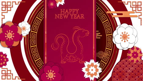 Animation-Von-Frohes-Neues-Jahr-Text-Und-Drachensymbol-Mit-Chinesischem-Musterhintergrund
