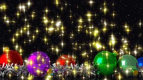 Animation-of-glowing-lights-and-christmas-baubles-on-black-background