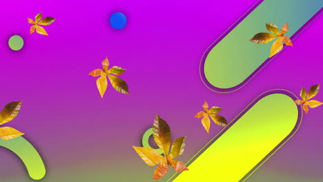 Animation-of-leaves-and-green-shapes-on-purple-background