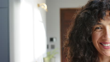 Portrait-of-happy-biracial-woman-with-curly-hair-at-home,-copy-space,-slow-motion