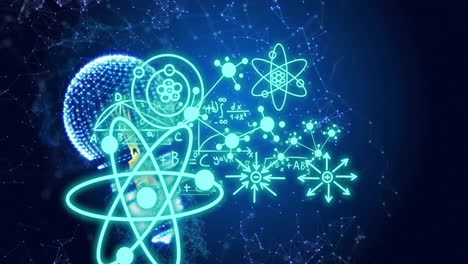 Animation-of-atomic-diagrams-over-light-bulb-and-networks-on-blue-background