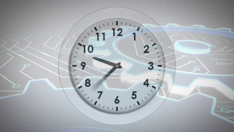 Animation-Einer-Sich-Bewegenden-Uhr-über-Einer-Computerplatine-Und-Zahnrädern-Auf-Weißem-Hintergrund