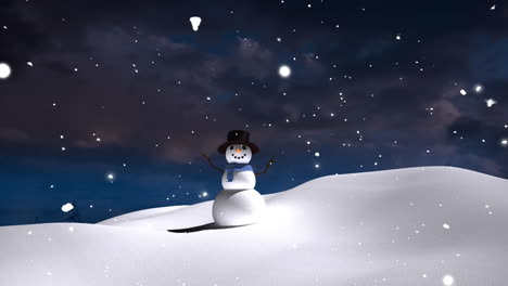Animation-of-snow-falling-over-snowman-in-winter-scenery