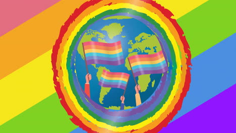 Animation-of-globe-with-rainbow-flags-over-rainbow-background