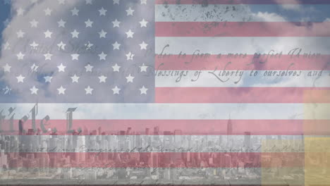 Animation-of-flag-of-usa-with-text-over-cityscape