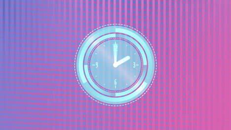 Animation-of-clock-and-spots-on-blue-and-purple-background