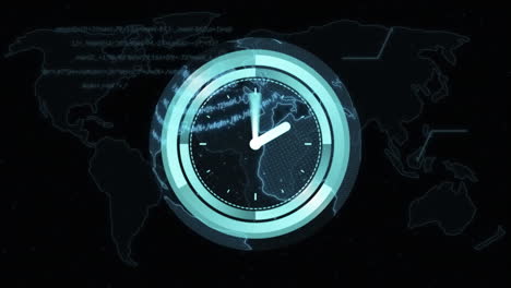 Animation-of-clock-moving-fast-over-globe-and-network-of-connections