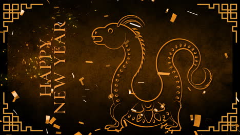 Animation-of-happy-new-year-text-over-dragon-and-chinese-pattern