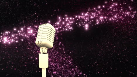 Animation-of-retro-microphone-with-copy-space-over-glowing-purple-spots-of-light-on-dark-background