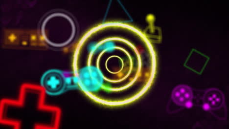 Animation-of-neon-circles,-video-game-icons-and-neon-pattern-on-black-background