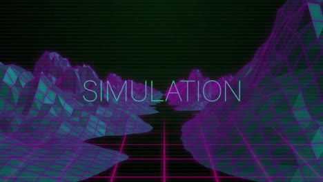 Animation-Von-Interferenzen-über-Simulationstext-Und-Digitalen-Bergen-Auf-Schwarzem-Hintergrund