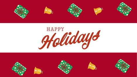 Animation-of-happy-holidays-text-over-christmas-decorations-on-red-background