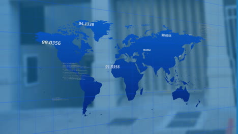 Animation-Der-Verarbeitung-Finanzieller-Daten-über-Einer-Weltkarte-Und-Gebäuden