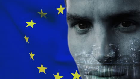 Animation-Eines-Kaukasischen-Mannes-Mit-Stadtbild-über-Der-EU-Flagge
