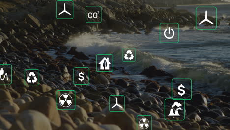 Animation-of-eco-icons-and-data-processing-over-landscape