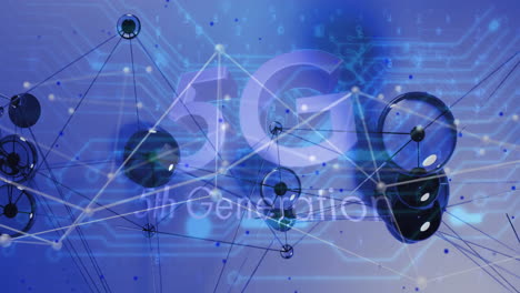 Animation-of-5g-text,-network-of-connections-and-data-processing-over-blue-background