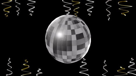 Animation-of-party-streamers-and-mirror-disco-ball-on-black-background