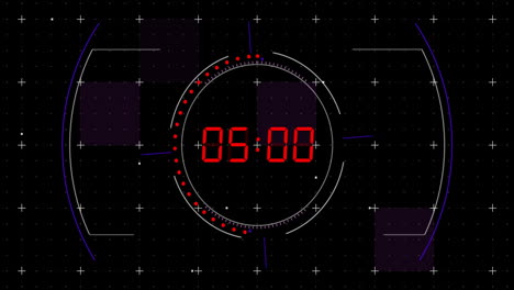 Animation-of-red-digital-timer-changing-with-dots-and-circles-on-black-background