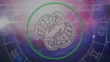 Animation-of-green-scanner-over-pisces-fish-symbol-and-zodiac-signs-over-lights-and-purple-clouds