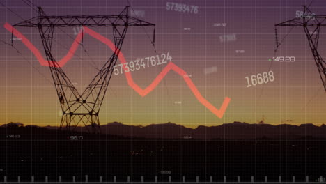 Animation-of-financial-data-processing-over-electricity-pylons-on-field