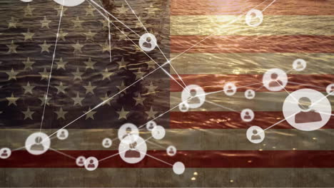 Animation-of-network-of-people-icons-over-flag-of-america-and-sea-at-sunset