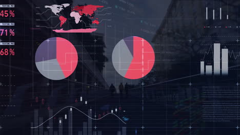 Animation-Von-Diagramm,-Datenverarbeitung,-Börse-Und-Weltkarte-über-Gehenden-Menschen