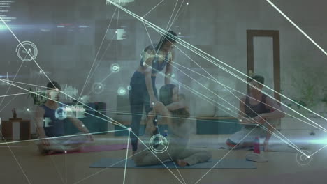 Animation-of-network-of-connections-with-data-processing-over-diverse-people-doing-yoga