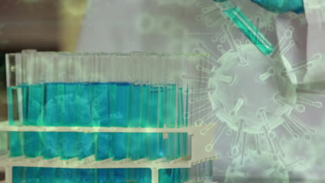 Animation-Von-Viruszellen-über-Einer-Kaukasischen-Wissenschaftlerin,-Die-Im-Labor-Arbeitet