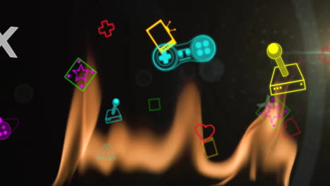Animation-Von-Formen,-Symbolen,-Icons-Und-Spielkonsolen-über-Flammen-Vor-Schwarzem-Hintergrund