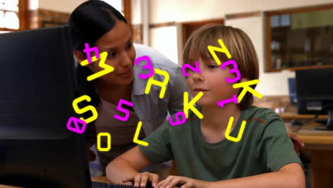 Animation-of-numbers-and-letters-over-diverse-schoolboy-and-female-teacher-using-computer-at-school