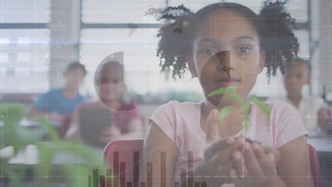 Animation-of-financial-data-processing-over-african-american-schoolgirl-holding-seedling