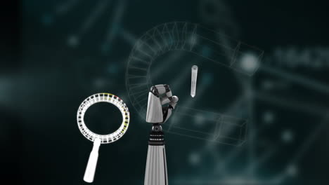 Animation-of-scientific-data-processing-over-robot's-arm-on-dark-background