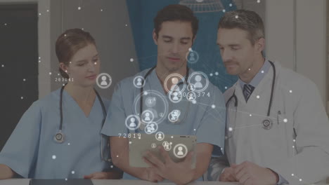 Animation-of-connections-with-icons-over-diverse-doctors