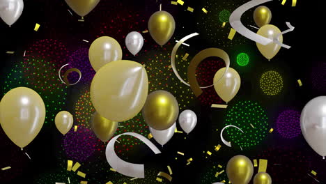 Animation-Von-Goldenen-Und-Silbernen-Luftballons-Mit-Feuerwerk-Auf-Schwarzem-Hintergrund