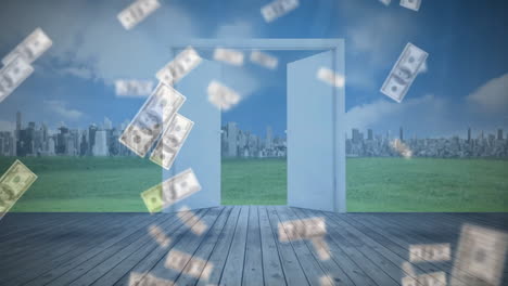 Animation-of-dollar-bills-and-arrows-over-door-and-copy-space