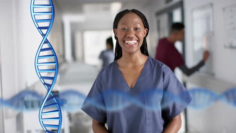 Animation-of-dna-strands-over-african-american-female-doctor-in-hospital