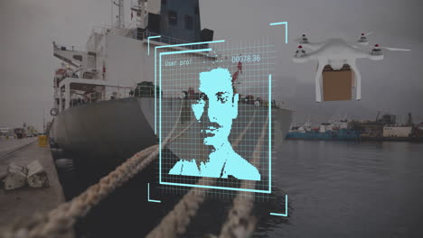 Animation-Von-Öko-Symbolen-Und-Datenverarbeitung-über-Drohne-Mit-Box-Und-Seehafen