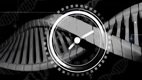 Animation-Einer-Sich-Bewegenden-Uhr-über-Einem-DNA-Strang-Auf-Schwarzem-Hintergrund