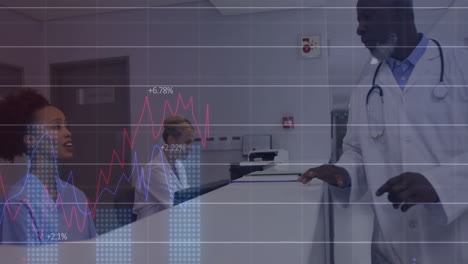 Animation-of-graphs-and-changing-numbers,-diverse-nurse-handing-patient-file-to-male-doctor