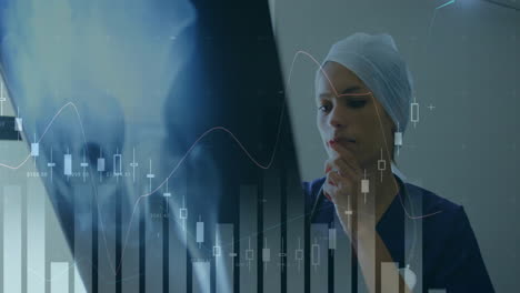 Animation-of-financial-data-processing-over-caucasian-female-doctor