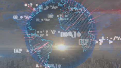 Animation-Der-Datenverarbeitung-Mit-Globus-Und-Weltkarte-über-Stadtbild