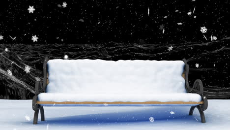 Animation-Von-Schnee,-Der-über-Eine-Weihnachtsbank-Im-Schnee-In-Einer-Winterlandschaft-Fällt