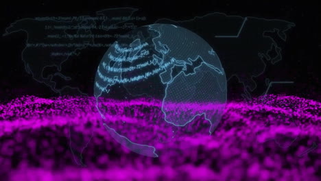 Animation-of-globe-with-data-processing-and-world-map-over-light-spots-on-black-background