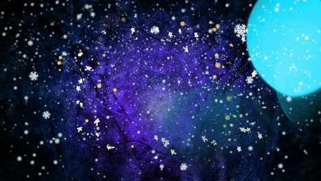 Animation-of-snow-falling-and-spot-lights-on-dark-blue-background